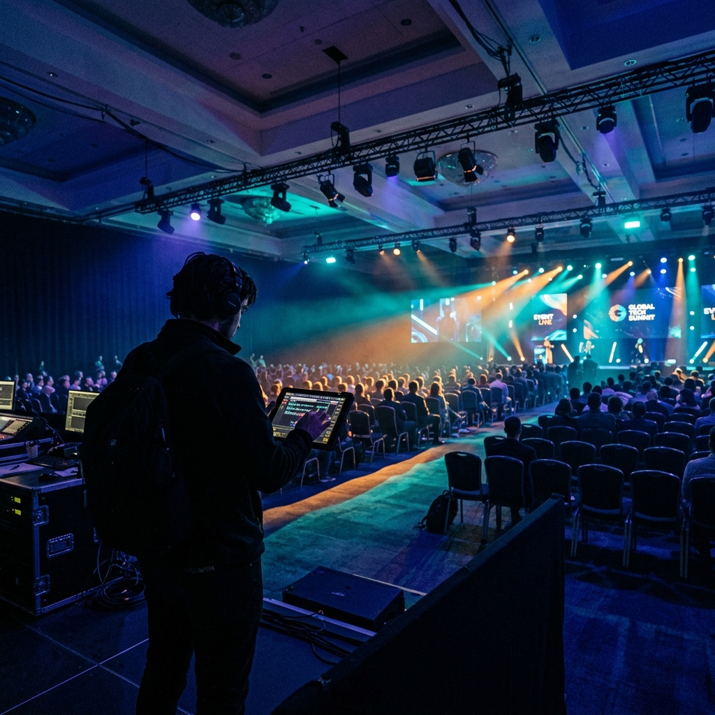 Lighting technician operating a tablet at front of house as dramatic indigo and teal stage beams illuminate a packed corporate event ballroom