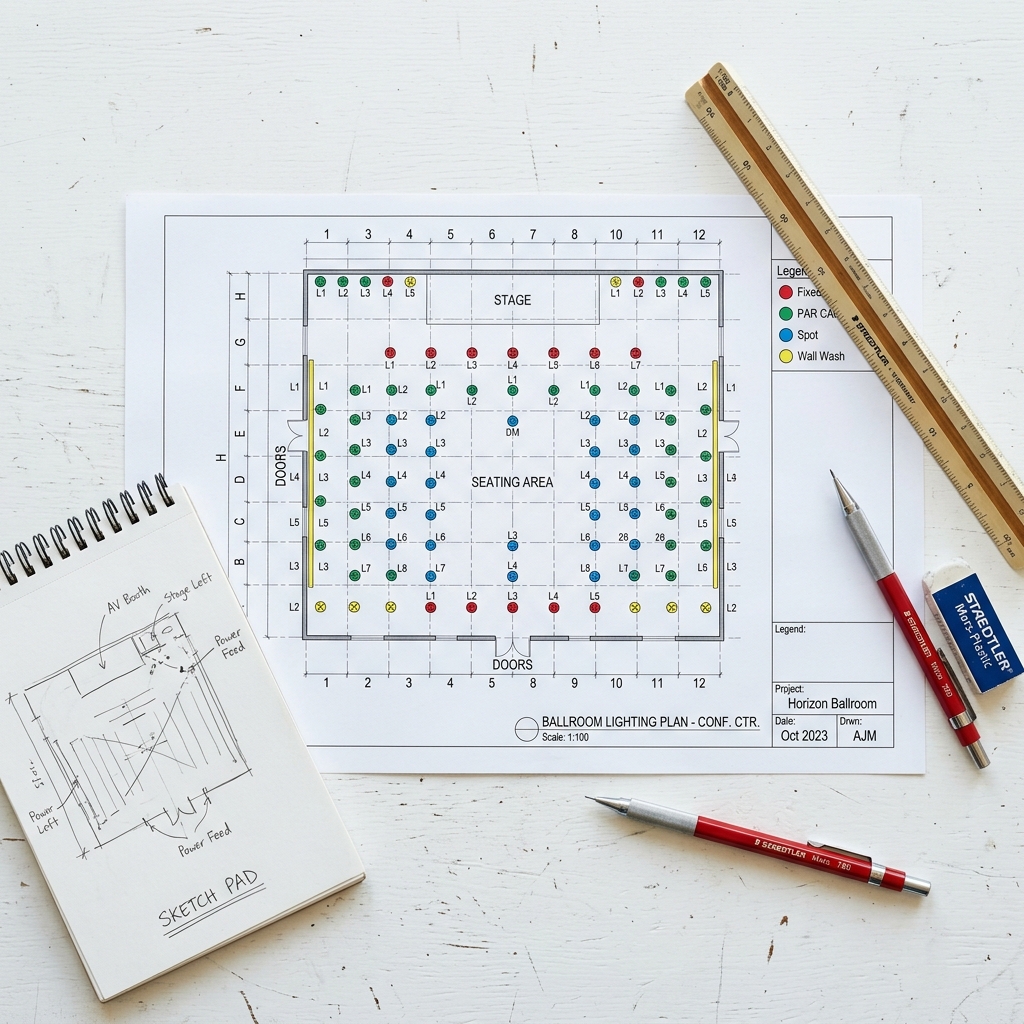 Overhead flatlay of a printed CAD ballroom lighting plan with colored fixture symbols, a scale ruler, and a red drafting pencil