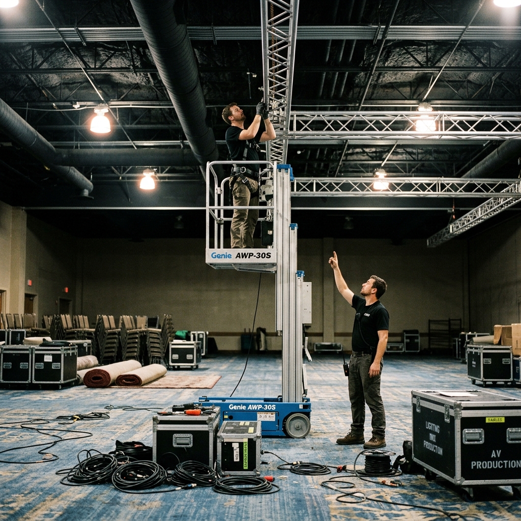 Two technicians rigging aluminum truss in an empty ballroom, one on a genie lift, road cases and DMX cables on the floor below