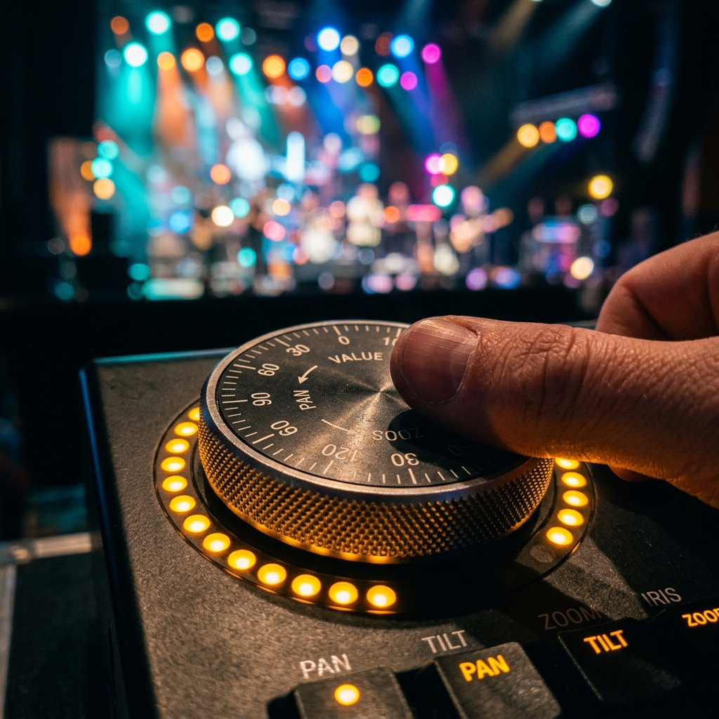 Extreme close-up of a lighting console encoder wheel being turned, amber LED ring glowing, colorful stage light bokeh behind