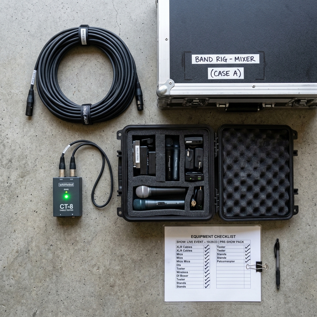 Bright flatlay of a neatly coiled XLR cable, Pelican case with foam compartments, cable tester, and equipment checklist with handwritten checkmarks