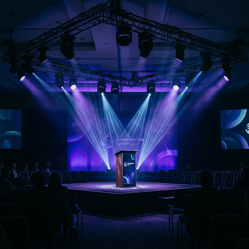 Corporate conference stage with dramatic indigo uplighting and moving head fixtures