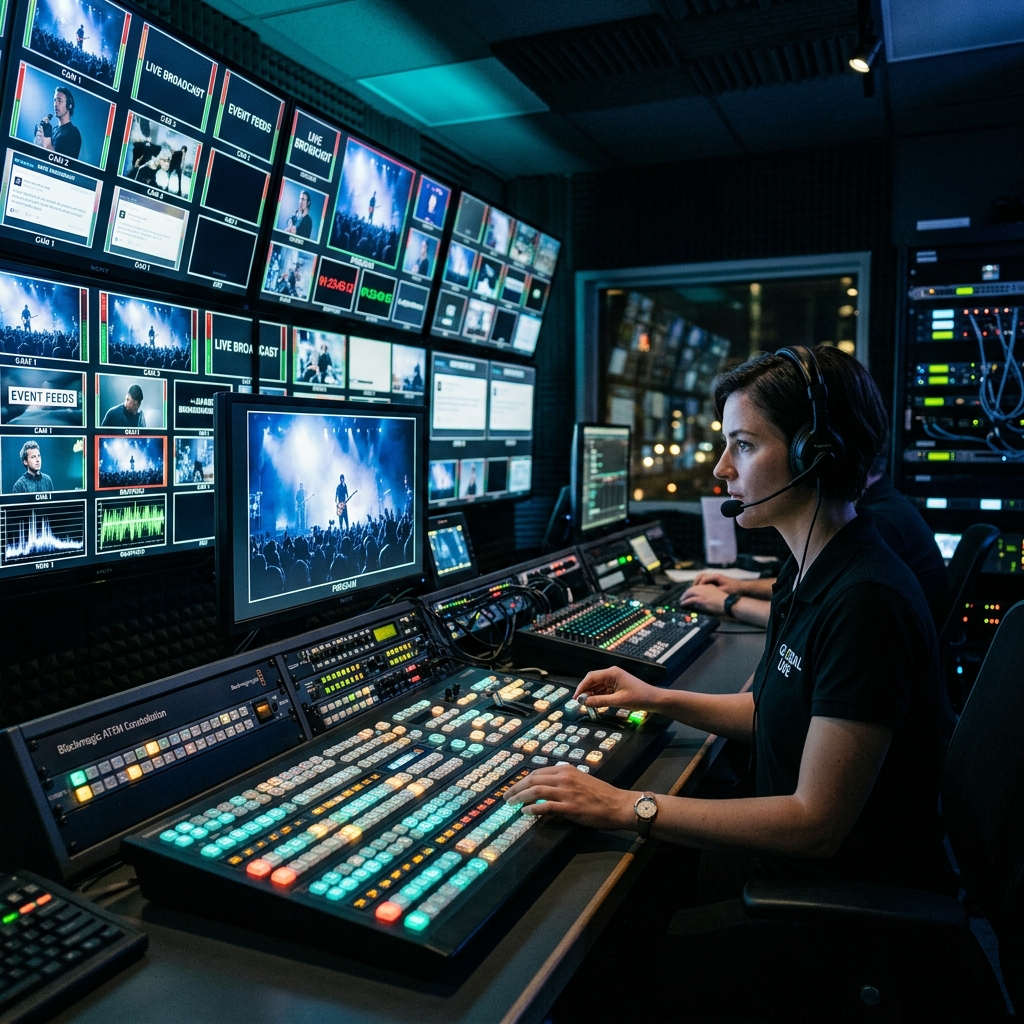 Live broadcast control room with multiple monitors and video switcher