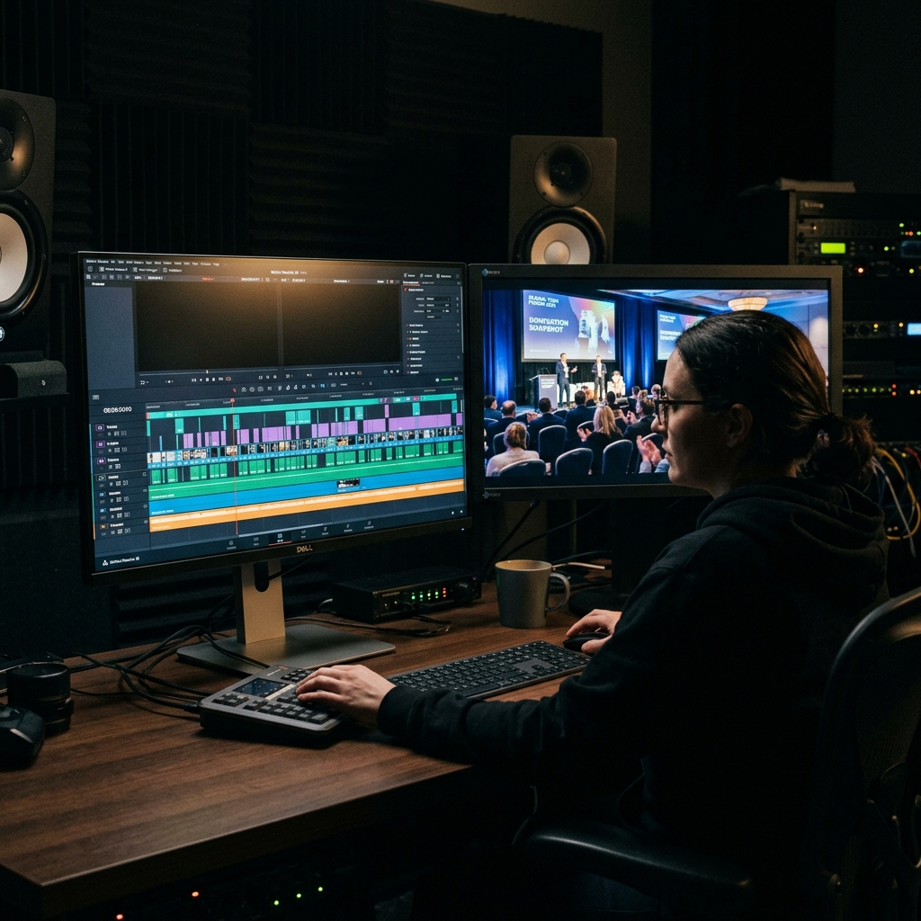 Editor cutting highlight reel immediately after live event