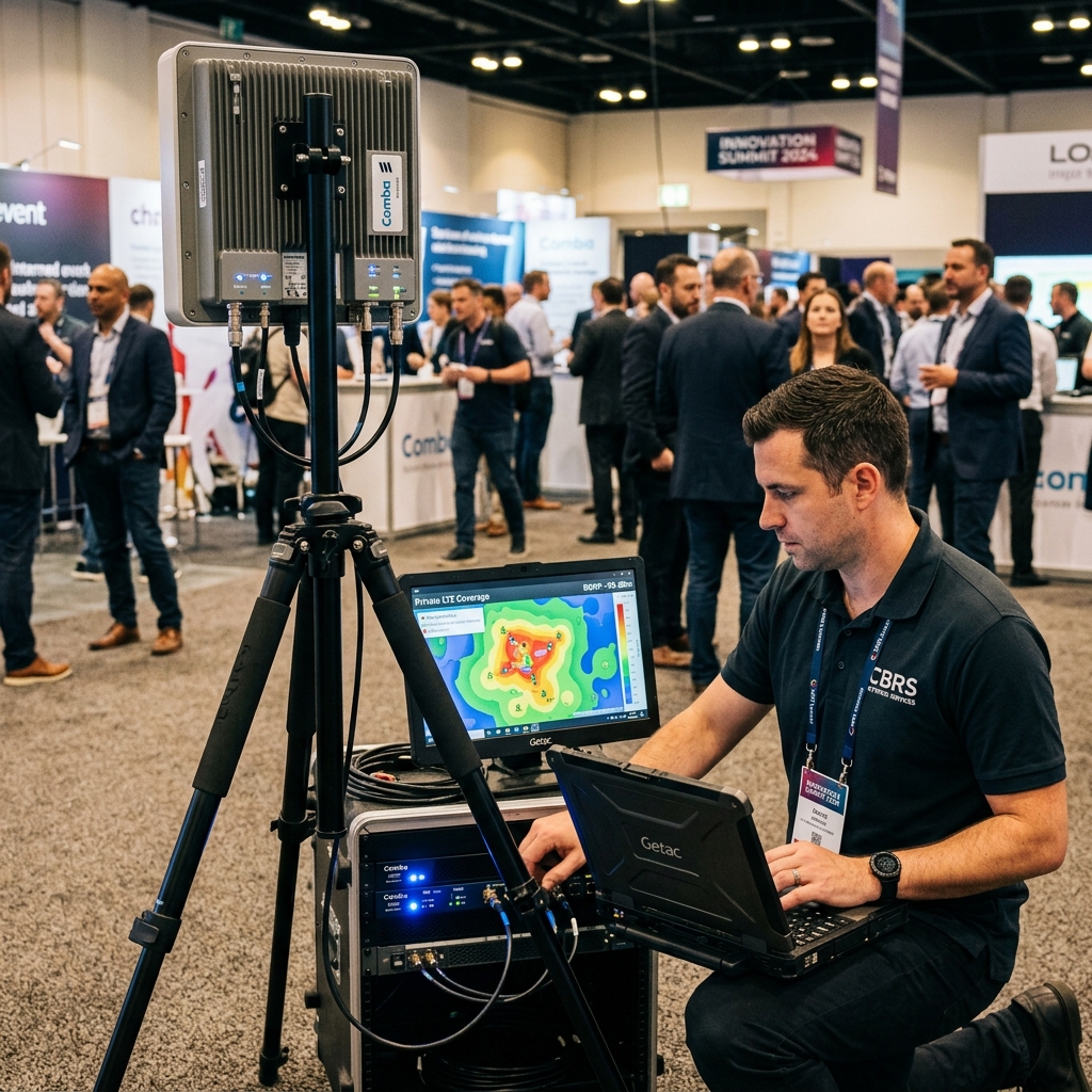 Network engineer deploying CBRS private LTE equipment at event venue