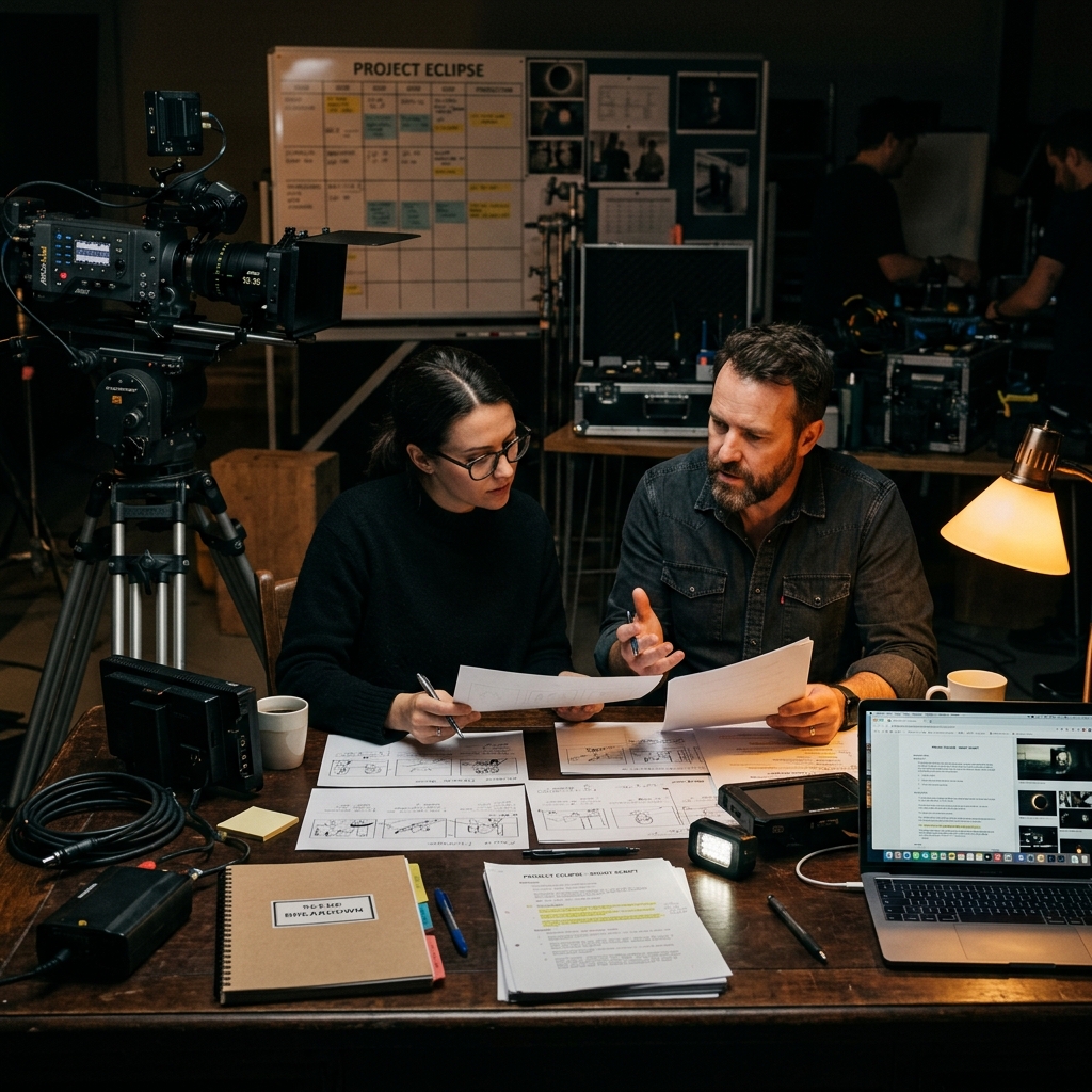 Production team reviewing multi-camera layout and shot list