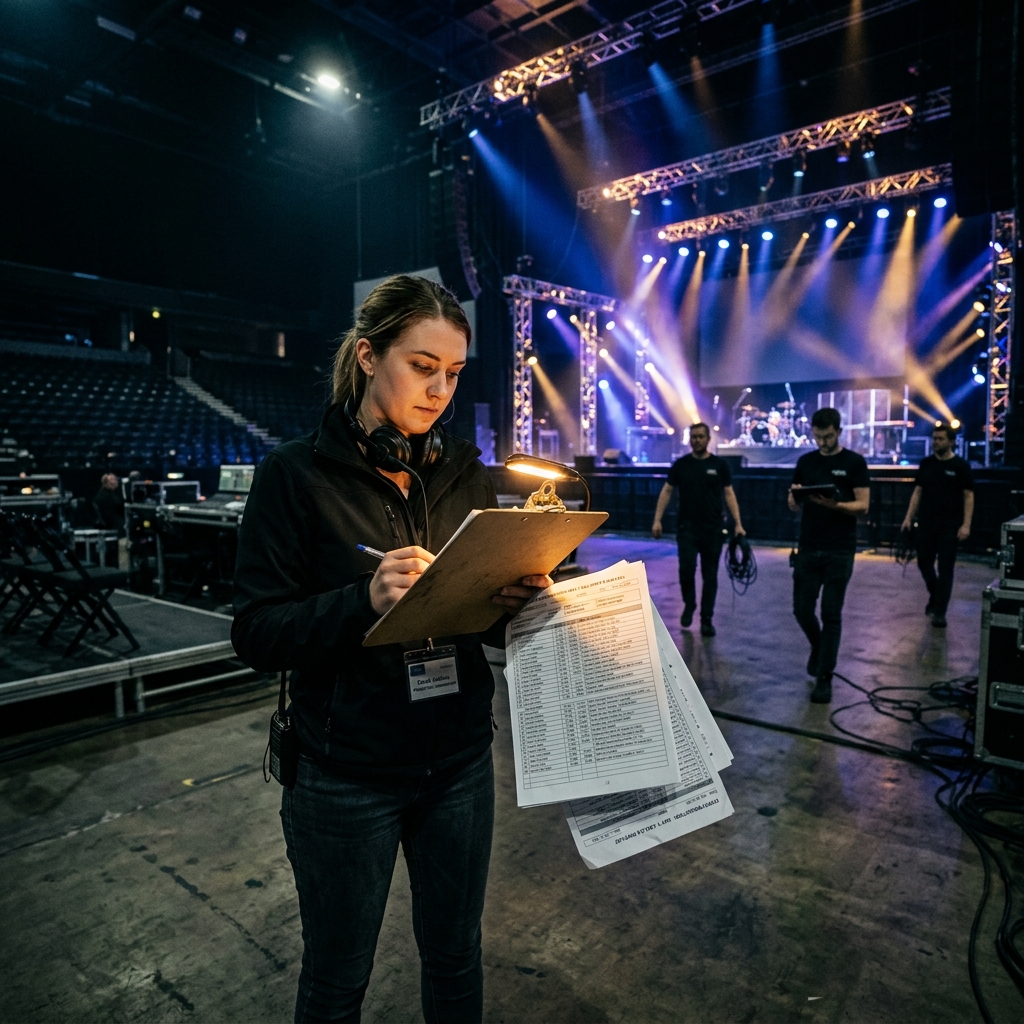 Production coordinator reviewing technical setup and checklist at venue